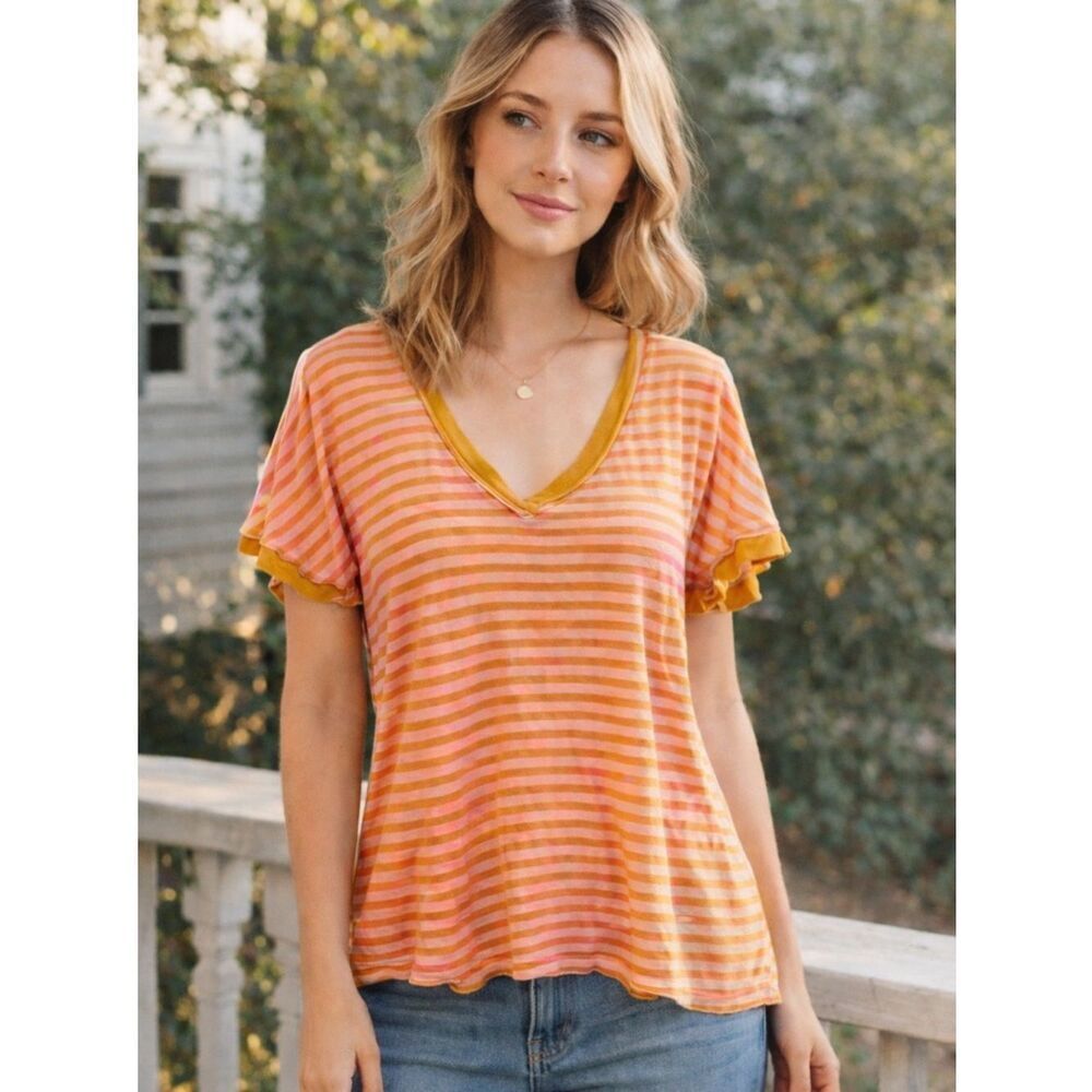 We The Free Yellow and Pink Striped V-Neck Oversized Short Sleeve Top